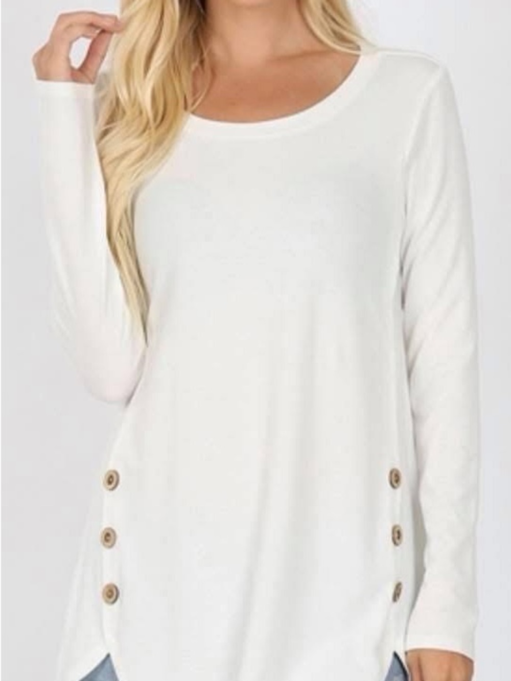 Women’s White Long Sleeve Button-Side Tunic Tee